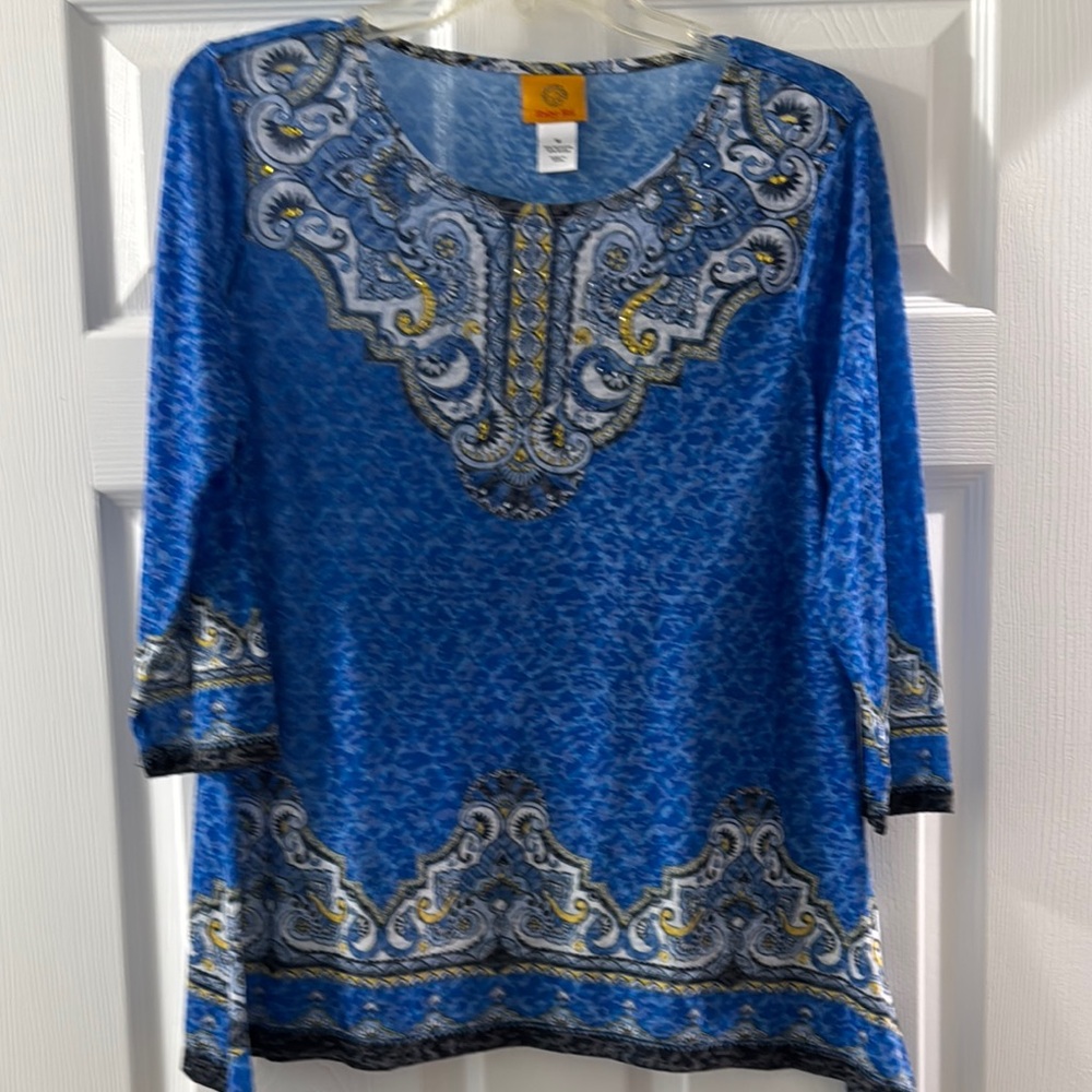 Ruby Rd Blue Silver Graphic Tunic 3/4 Sleeve